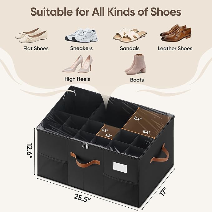 Shoe Organizer for Closet, 2 Pack Shoe Storage Containers with Adjustable Dividers, Space Saving Shoe Box Storage Organizers Bins with Clear Lid & 4 Handles, Fits 24-48 Pairs, Black