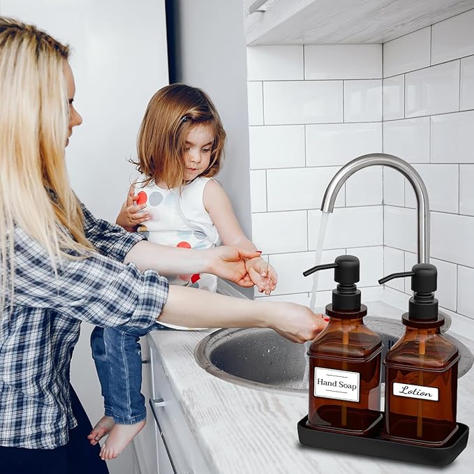 Soap Dispenser - 2 Pack, Antique Design Thick Amber Glass Hand Soap Dispensers with Sturdy Tray; 304 Rust Proof Stainless Steel Black Pump, 12Pcs Stickers, for Kitchen, Bathroom- Black