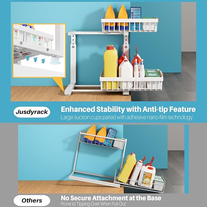 Jusdyrack 2 Packs Under Sink Organizer,Small Shelf for narrow spaces,2 Tiers Pull Out Under Cabinet Organizer,Adjustable Height,Slide Out Thickened Metal Under,White