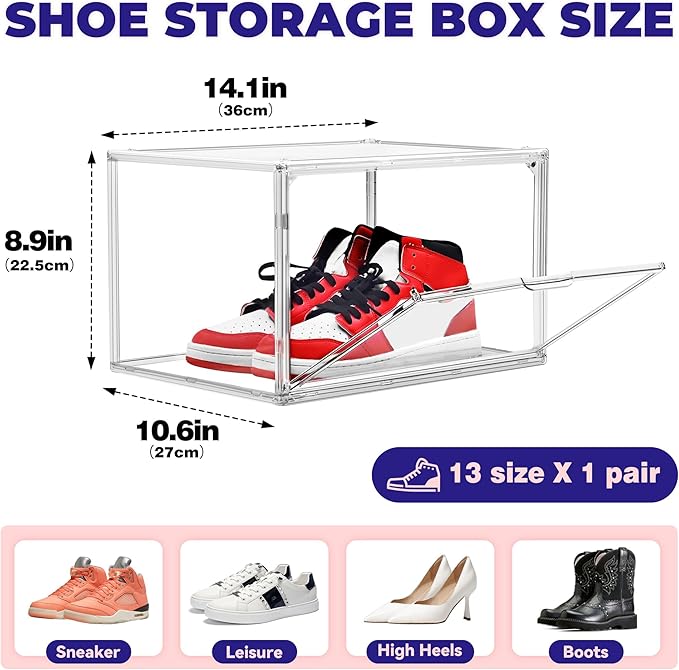 EDS FAM 12 Pack Acrylic Shoe Large Storage Box with Magnetic Door Size 13 Clear Stackable Shoe Organizer for Closet Space Saving Shoe Cabinet Sneaker Display Case