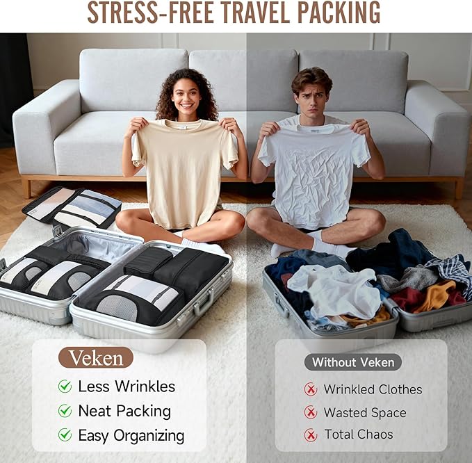 Veken 10 Set Packing Cubes for Travel Essential, Suitcase Organizer Bags in 4 Sizes, Carry-On Luggage Accessories with Large Laundry & Hanging Toiletry Bag, Must-Have for Airplane, Road Trip & Camping
