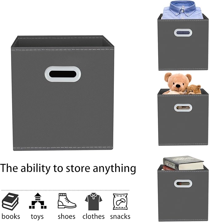 Yunkeeeper storage bins Cubes, Fabric Cube Organizer with Handle, Foldable Cube Bins for Cloth or Accessary Storage, 11x11x11, Set of 3,(Gray)
