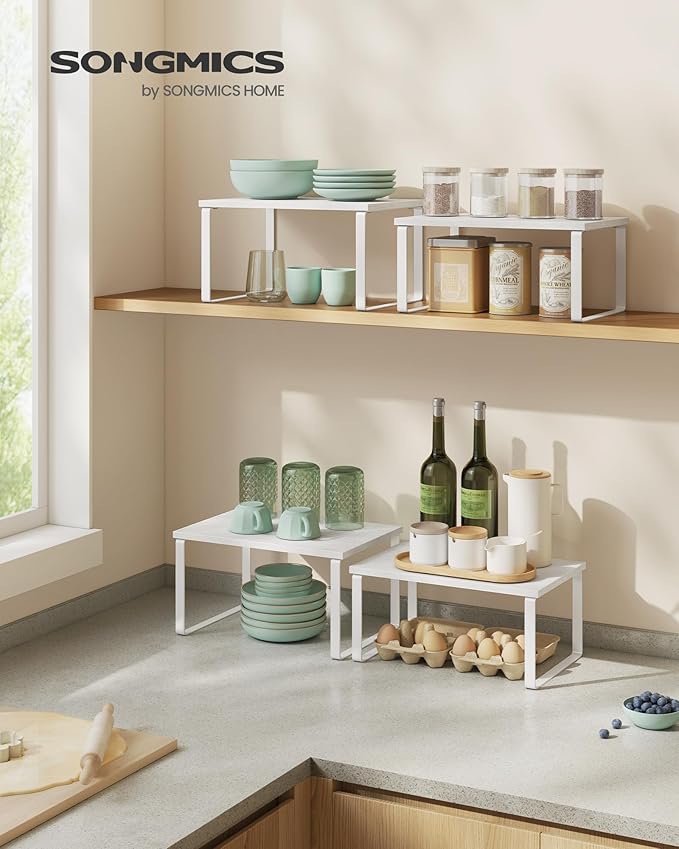 SONGMICS Cabinet Organizer Shelf, Set of 2 Kitchen Counter Shelves, Kitchen Storage, Spice Rack, Stackable, Expandable, Metal and Engineered Wood, Cloud White and Snow White UKCS02W01 (Pack of 2)