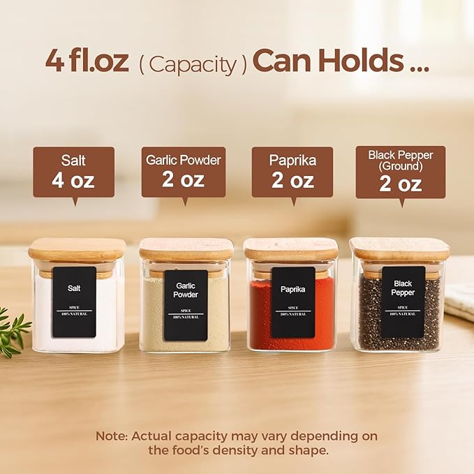 ComSaf 16Pcs Glass Spice Jars with Bamboo Lid, 4oz Airtight Square Spice Containers with 275 Black Lables, Empty Seasoning Jars for Spice Salt Sugar
