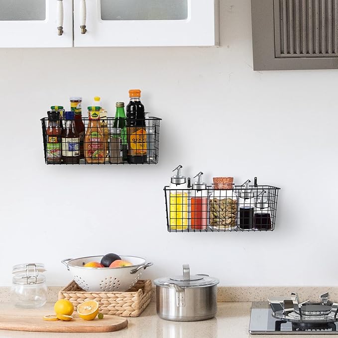 2 Sets Extra Large Hanging Wall Basket, Black Metal Wire Baskets with Steel Hooks for Organizing, WallmountedFruit Vegetable Toy Snack Storage, Home Kitchen Bathroom Laundry Pantry Organizer