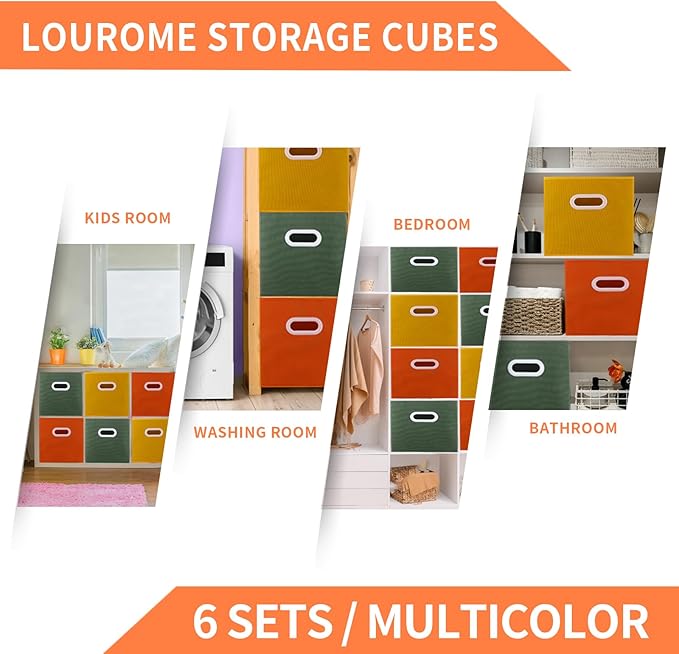 Lourome 11 inch Cube Storage Organizer, Closet Organizers and Storage Bins with Handle, Collapsible Storage Bins for Shelves, Baskets Box for Clothes, Home, Toy, Lego, Fabric, Pack of 6