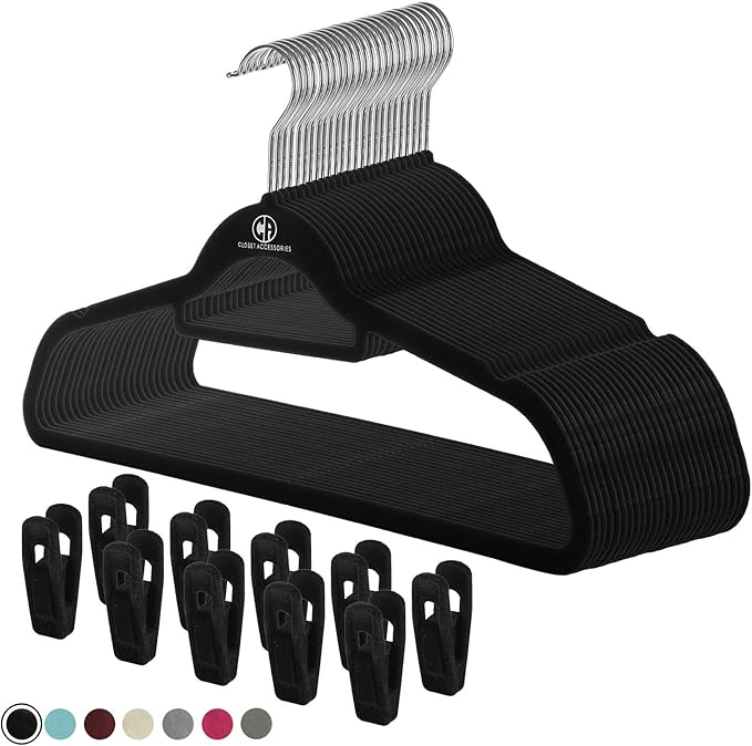 Black velvet hangers, ultra slim space saving, notches, tie bar, swivel hook, 30 pack, with bonus 20 matching velvet finger clips