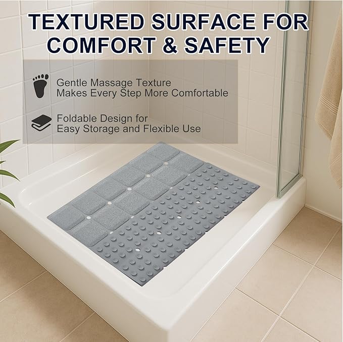 Webos Anti Slip Shower Mat for Tub & Shower Stall, 21" x 21" Square Silicone Bathtub Mat with Powerful Suction Cups, Fast-Draining, Machine Washable Soft Foldable Bathroom Mat, Grey