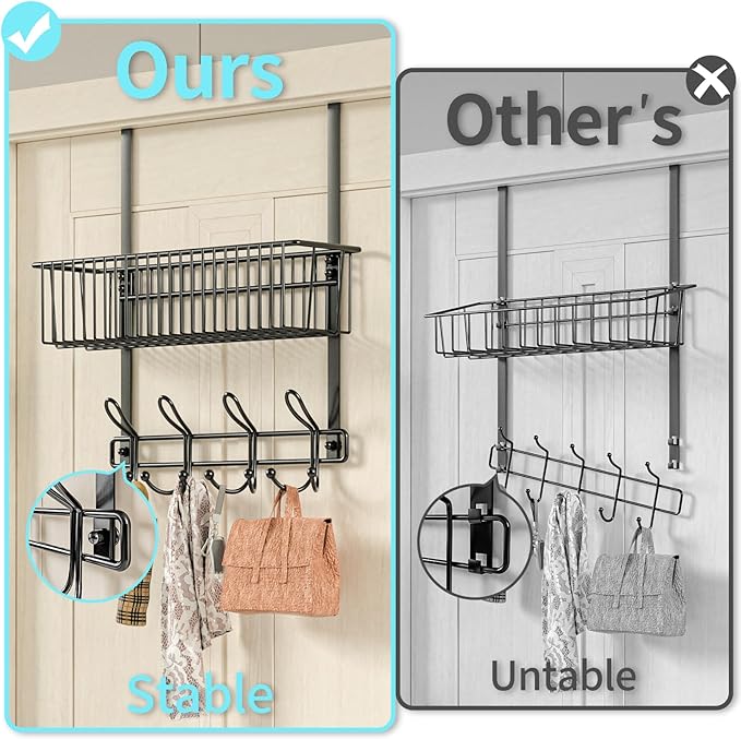 Kaiferty Over The Door Hooks Organizer,Door Hanger Door Storage with Basket,Over The Door Towel Rack Coat Hooks with 12 Hooks,for Bathroom,Bedroom,Kitchen,Office,Apartment(Black)