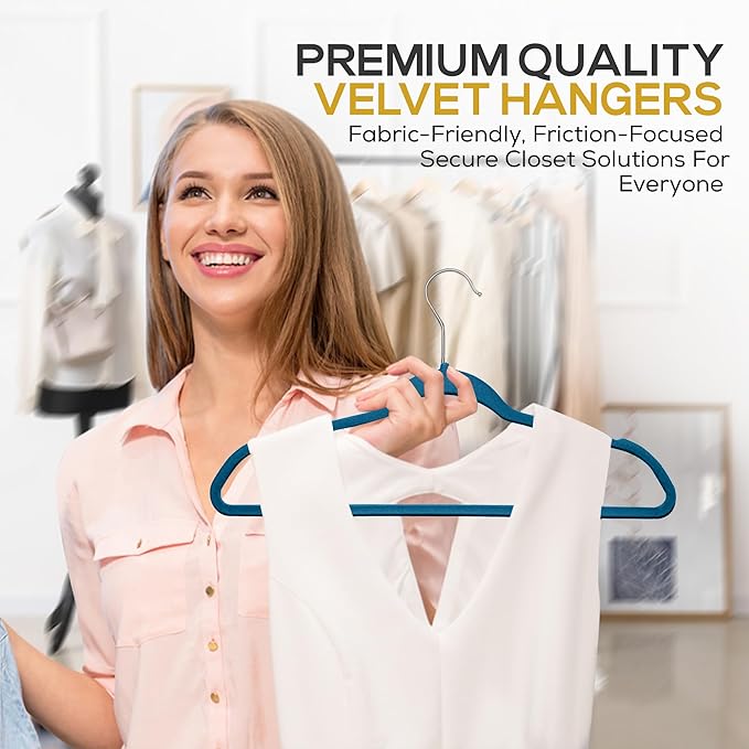 Premium Velvet Hangers 50 Pack Ultra Thin Non Slip Adult Felt Space Saving Slim Suit Hanger for Closet Heavy Duty Coat Pants Jackets Dress Hangers 360° Swivel Hook Hold Upto 10 lbs Blue