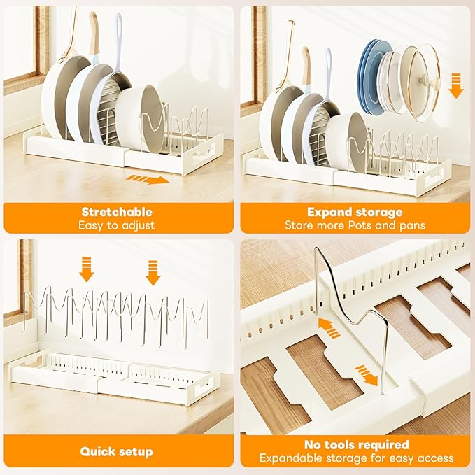 Dayacoco Pots and Pans Organizer Under Cabinet - Pot Lid Holder, Expandable Pan Organizer for Cabinet, Pot Rack with 10 Adjustable Compartments for Kitchen Cabinet, Frying Rack, Lid, Cookware,1 Pcs
