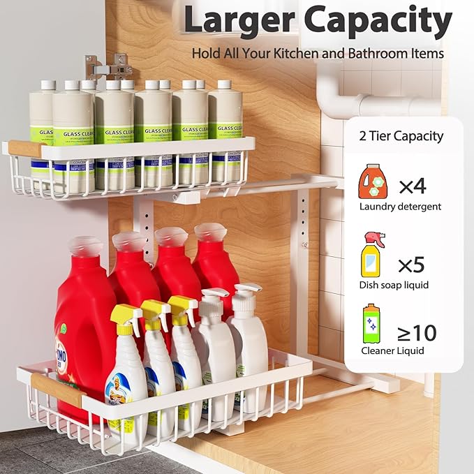 Under Sink Organizer 2 Pack, 2 Tier Slide Out Large Capacity Height Adjustable Under Sink Organizers and Storage for Kitchen Bathroom Cabinet, White