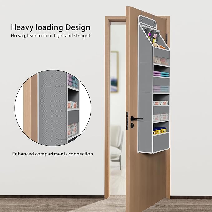 Univivi 5-Shelf Space Saving Door Storage Over Door Hanging Organizer with 4 Large Capacity Roomy Pockets Closet Cabinet Wall Mount Hanging Easy Install Storage Organizers for Baby Nursery (Grey)
