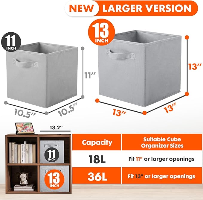 ShellKingdom Storage Bins, Foldable Fabric Storage Cubes And Cloth Storage Organizer Drawer For Closet And Toys Storage, 13 X 13 X 13 INCH, 2 Pack (Gray)