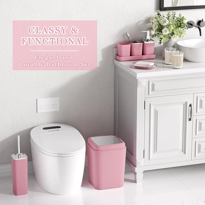 Bathroom Accessory Set–Bathroom Sets with Shower Curtain and Rugs, Non Slip Bathroom Rugs Super Absorbent, Pink Ombre Waterproof Shower Curtain with Hooks, Pink Bathroom Sets Complete for Home