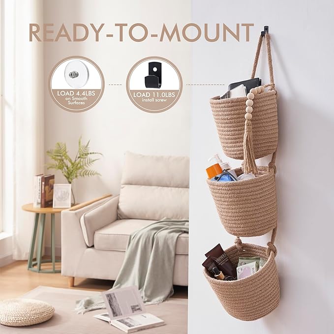 Fabric Wall Hanging Organizers - Small Woven Baskets Pouches Set Boho Style Wall Mounted Bag with Adhesive Hook, Storage Decoration Pocket Caddy for Closet Playroom RV Nursery (Linen & Black)