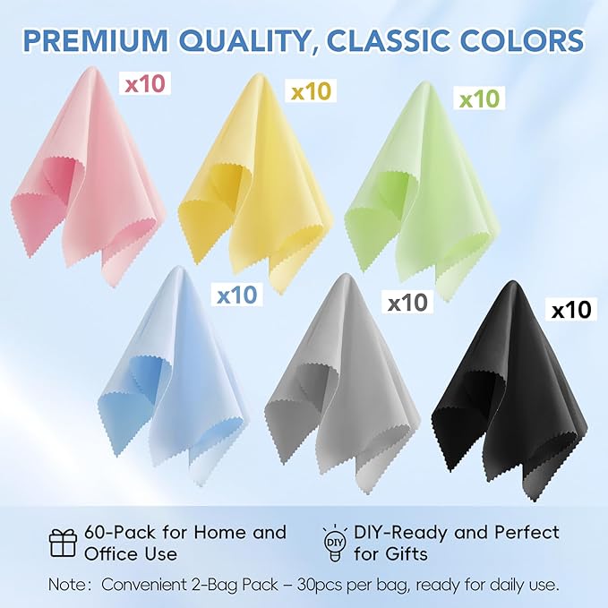 60-Pack Microfiber Cleaning Cloths for Glasses, 6x7 Inch Premium Lens Cleaning Cloth for Screens, Cameras, Eyeglasses, Cell Phone, LCD TV Screens，Assorted Colors