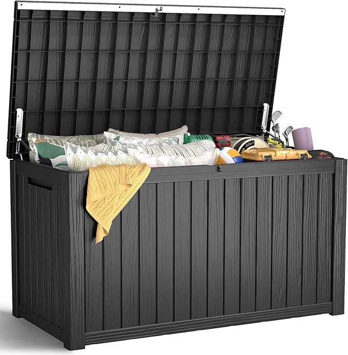 Outdoor Storage Box, 200 Gallon Waterproof Resin Deck Box, Storage Bin for Package Delivery, Patio Furniture Cushion, Garden Tools, Pool Accessories, Weatherproof and UV Resistant, Black