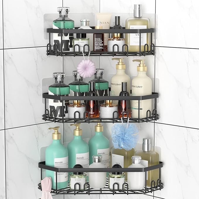STEUGO Corner Shower Caddy, 3 Pack Adhesive Shower Corner Organizer Shelves, No Drilling Stainless Steel Shower Storage Rack with 12 Hooks for Bathroom, Dorm and Kitchen (Matte Black).