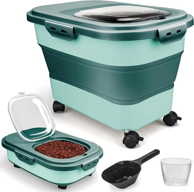 Dog Food Storage Container, 10-20Lbs Collapsible Pet Food Storage Containers with Rolling Wheel Airtight Locking Lid, Dry Food Storage Bin with Cup and Scoop,Suitable for Pet Food, Flour, Rice