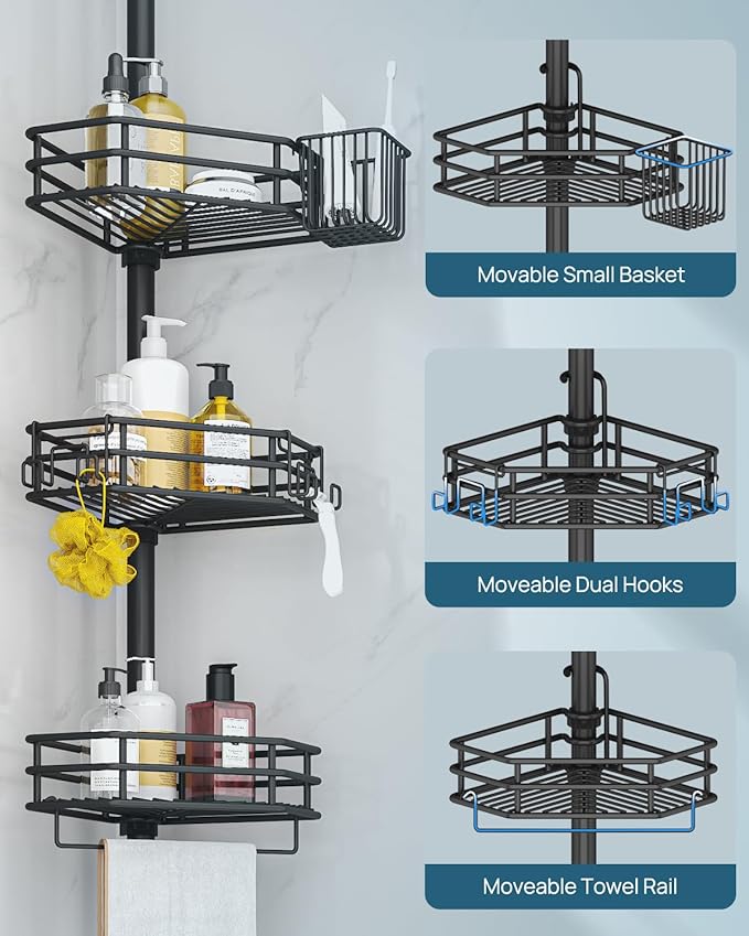 SEIRIONE Corner Shower Caddy Tension Pole, Quick Setup, Rust-Free Bathroom Shower Organizer Corner for Bathtub Shampoo Storage, 4-Tier Adjustable Shelf, Drill Free, Fits 34 to 116 Inch Height, Black