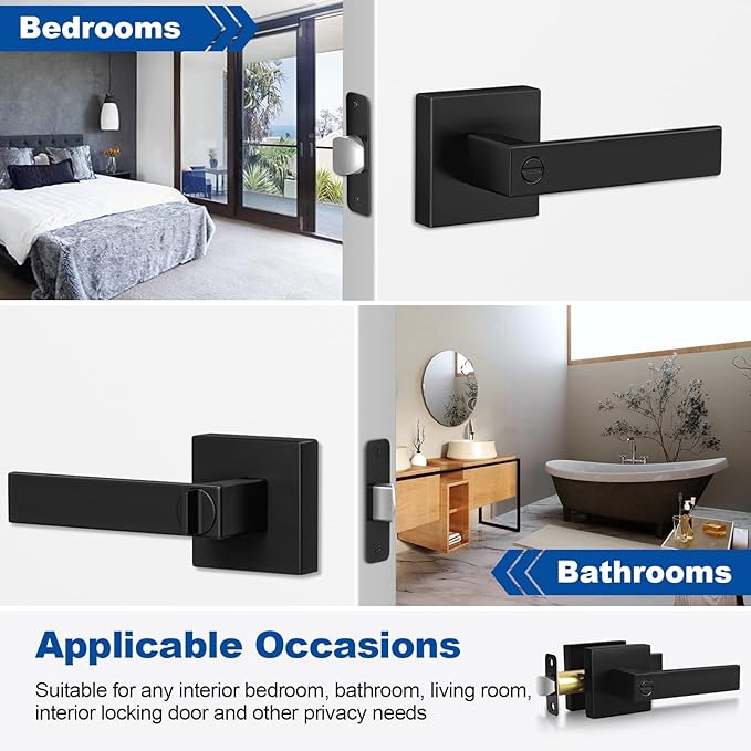 Estmoon 8 Pack Door Handles Black Interior Door Knobs, Keyless Privacy Door Levers with Lock Heavy Duty Door Handle for Bedroom Bathroom