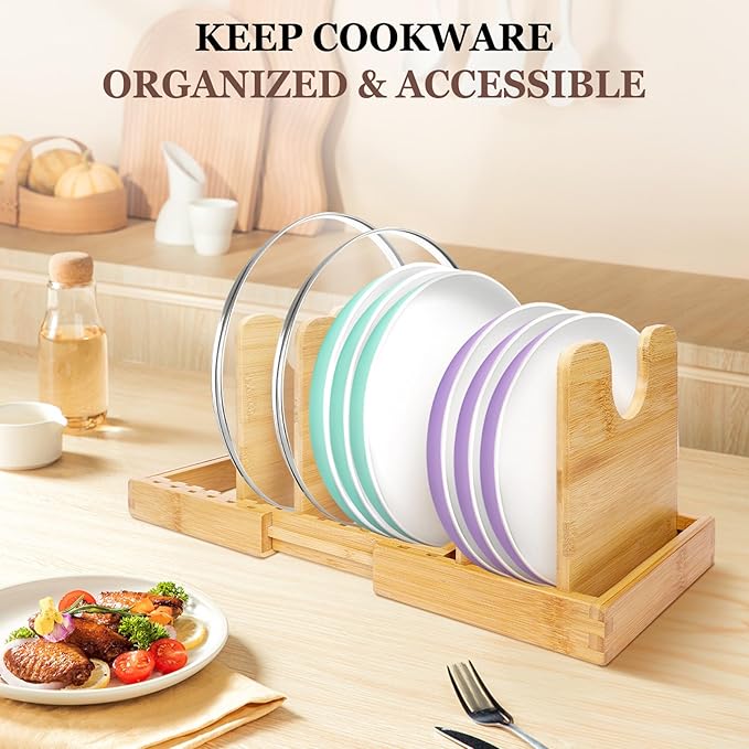 Bamboo Pot Lid Organizer, Pots and Pans Organizer Inside Cabinet, Pot Lids holder for Kitchen Countertop