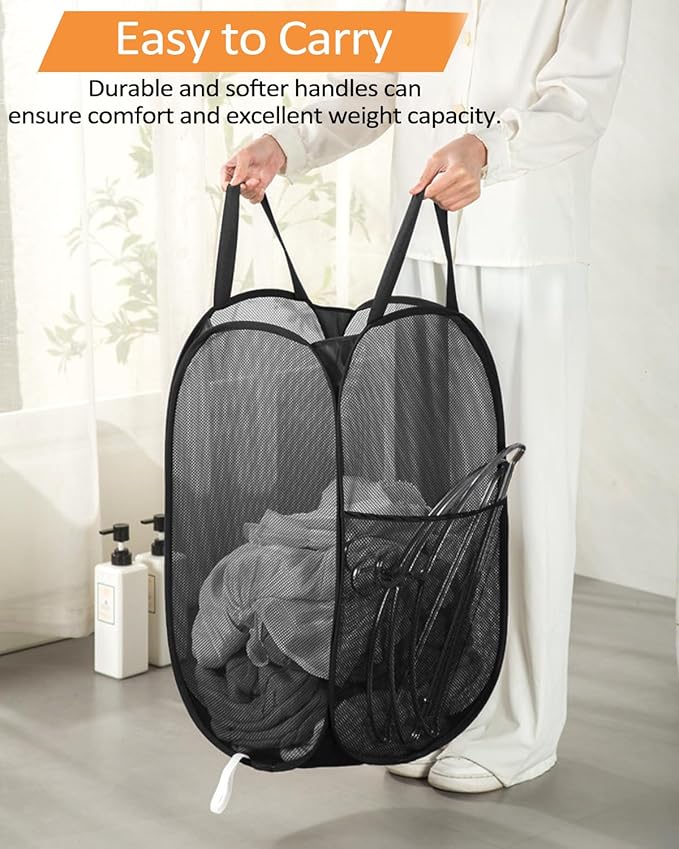 2 Pcs Durable Collapsible Laundry Baskets - Reinforced Mesh Pop Up Laundry Hamper with Pocket, Foldable Dirty Clothes Hamper with Carry Handles for Laundry, Bathroom, Kids Room, Dorm or Travel Black