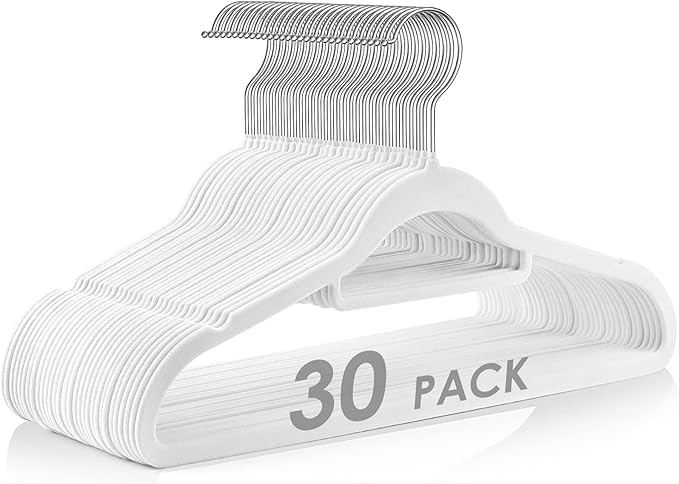 Velvet Hangers Non Slip Felt Hangers, 30 Pack White Velvet Clothes Hangers Space Saving Slim with 360 Degree Swivel Hook for Suits Coats, Jackets, Pants, and Dress Clothes