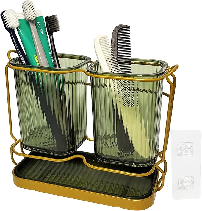 Christmas Green Toothbrush Holders for Bathrooms, 2 Cups Toothbrush Holders Wall Mounted, Bathroom Organizers and Storage, Bathroom Toothbrush Holder Set for Toothpaste Razors Toothbrush