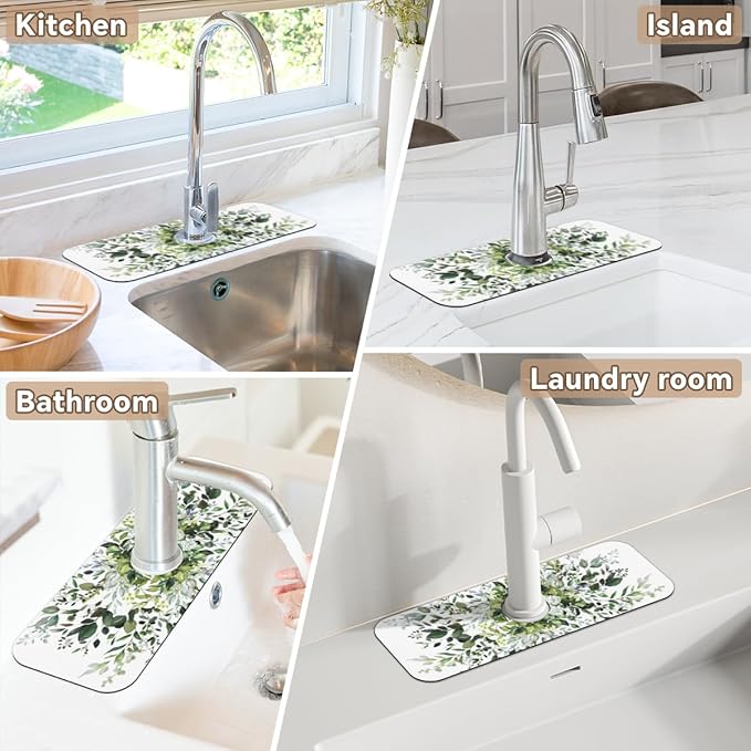 Sink Faucet Absorbing Mat, Spring ﻿Fresh Green Leaf Kitchen Faucet Mat, Sink Splash Guard, for Bathroom Kitchen Sink Splash Guard Drying Mat 15.4"x5.7"