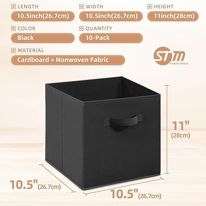 STORAGE MANIAC Storage Cubes, 11 Inch Collapsible Storage Bins with Handles, 10 Pack Fabric Foldable Bins for Organization, Durable Storage Bins for Closet, Shelves, Offices, Toys, 10-Pack Black
