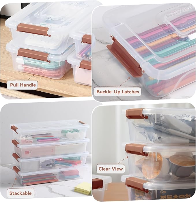 novelinks Clear Stackable Storage Bins with lid Storage Boxes Durable Plastic Organizer Containers for Home Office, Kitchen, Craft Supplies (4 Quart 8 Pack Brown)