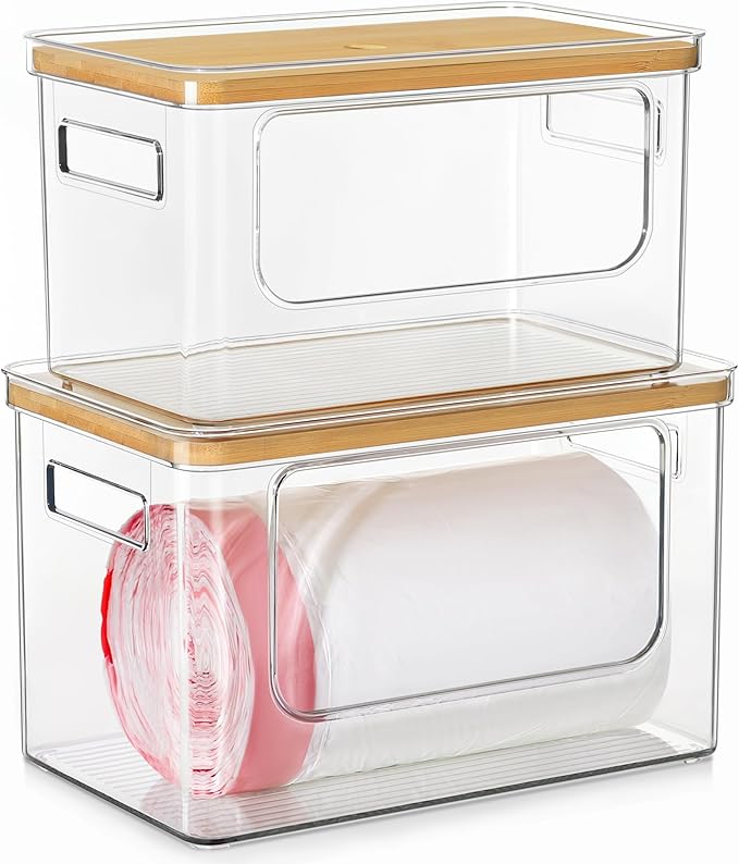 Hudgan Trash Bag Dispenser 2 Pack, Garbage Bag Holder with Bamboo Top, Extra Large Trash Bags Organizer Under Sink