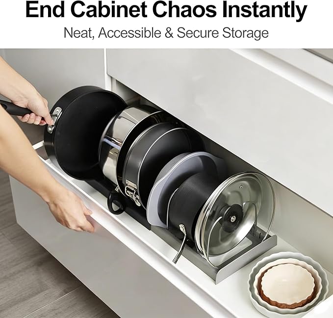 Pots and Pans Organizer for Cabinet Expandable12~22" Pot Lids Organizer Holder with 7 Adjustable Dividers Space-Saving Kitchen Organization Rack for Baking Pans, Cookware & Cutting Boards