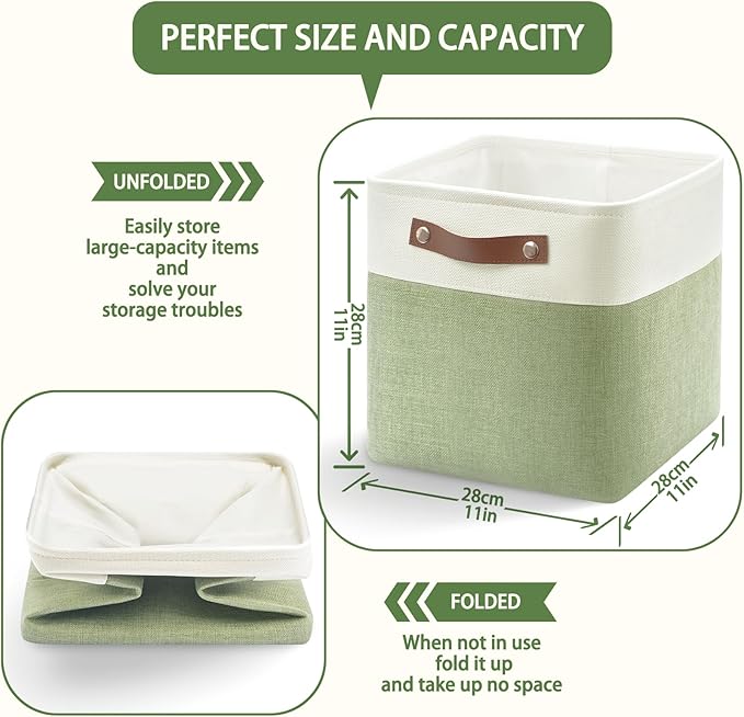 6-Pack Foldable Fabric Storage Cubes 11x11 Inch, Sturdy Cube Organizer Bins with Leather Handles, Storage Baskets for Closet Shelves and Home Organization(White/Green)