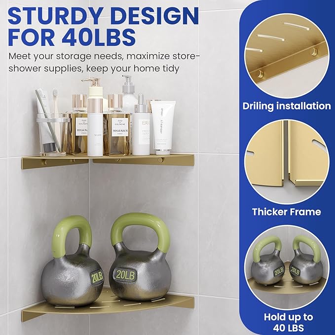 LFBA 2 Pack Corner Shower Shelves Load Capacity 40 lbs 304 Stainless Steel Shower Corner Shelf Will not Rust 8in Shower Shelf for Inside Shower Brushed Gold Drilling Installation