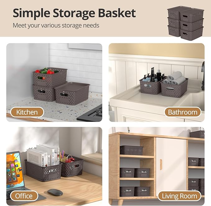 Plastic Storage Bins with Lid, Stackable Small Box Basket for Organizing and Containers for Shelves Drawers Desktop Closet Playroom Pantry Classroom Office Home, 6-pack 10.2x7.2x4.1 Inch, Brown