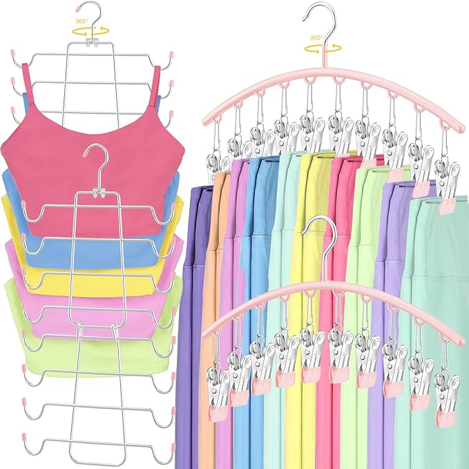TomCare 360° Swivel 2 Pack Tank Top Hanger and 2 Pack Leggings Organizers Space Saving Sport Bras Organizer Metal Yoga Pants Hangers with 20 Clips Hanging Closet Organizers and Storage, Pink