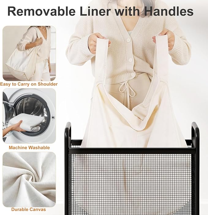 WOWLIVE Rolling Laundry Hamper with Wheels, 90L Laundry Basket with Removable Liner Bag, Laundry Sorter with Metal Handle, Large Capacity Clothes Hamper for Laundry Room, Bathroom and Dorm, Beige