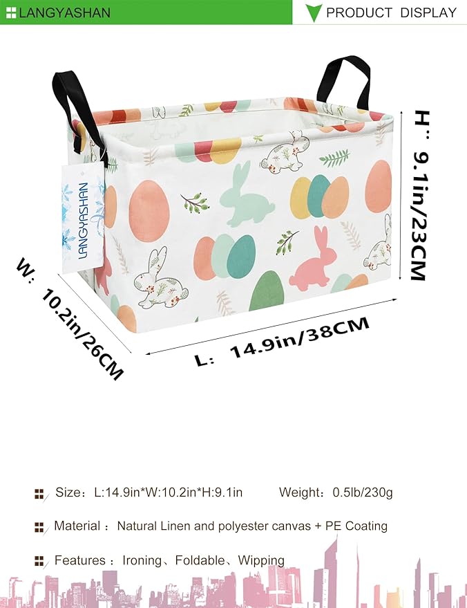 LANGYASHAN Rectangular Storage Bin Collapse Canvas Fabric Cartoon Storage Basket with Handles for Organizing Home Kitchen Boys and Girls Toys Office Closet Shelf Baskets (Rec Rabbit Easter Egg)