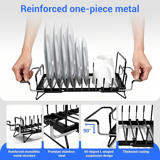 Dish Drying Rack, Stainless Steel Expandable in Sink & Countertop, Space Saving with Silicone Mat and Drying Rack for Kitchen, Rv, Commercial Use