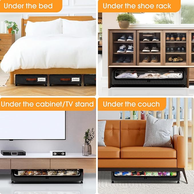 Under Bed Storage with Wheels 3Pack Storage Containers with Clear Window&Label Under Bed Drawers Rolling Under Bed Storage for Clothes,Shoes, Blankets (30.71 x 16.93 x 6.69 in, Black)
