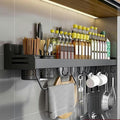 Wall Mounted Spice Rack, Spice Shelf, Spice Rack Organiser, Kitchen Wall Shelf Organiser with Movable Hooks Utensil Rack, Towel Holder, Knife Holder, 40 cm, Black