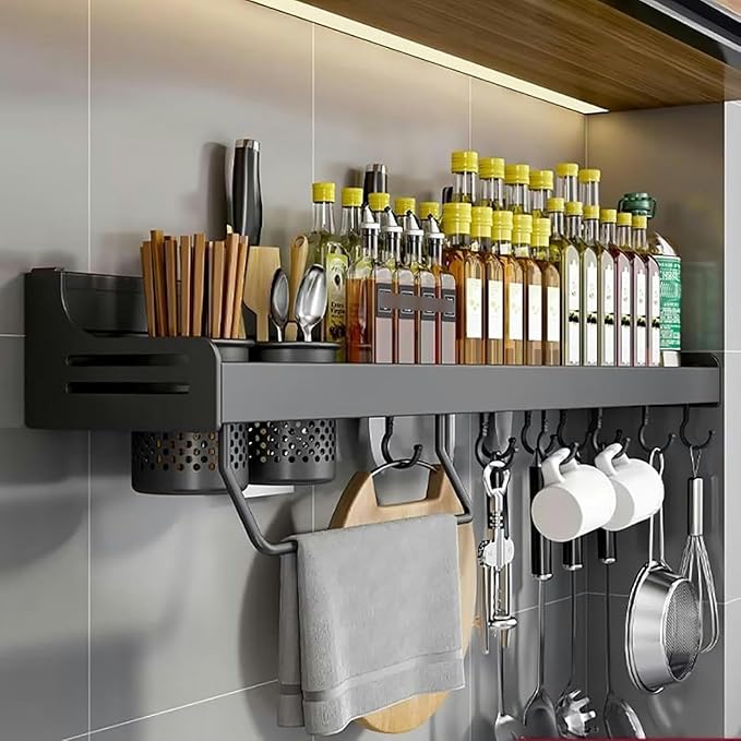 Wall Mounted Spice Rack, Spice Shelf, Spice Rack Organiser, Kitchen Wall Shelf Organiser with Movable Hooks Utensil Rack, Towel Holder, Knife Holder, 40 cm, Black