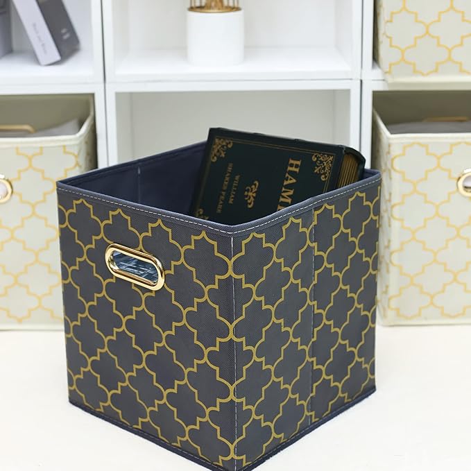 Fabric Cloth Storage Bins,Fabric Cube Organizer with Dual Handles Foldable Cube Storage Baskets for Home Bedroom Storage,Set of 3,(Grey Gold)