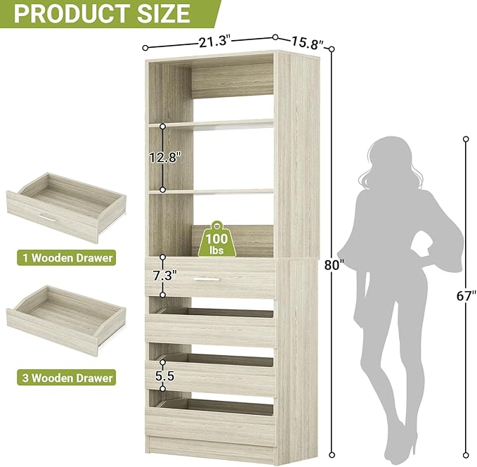 Aheaplus 21.3" Closet System with 4 Drawers, Wood Closet Organizer with Open Shelves, Modular Drawers System Tower, Walk-in Closets Small Wardrobe Rack, Tall Storage Cabinet Unit, White Oak