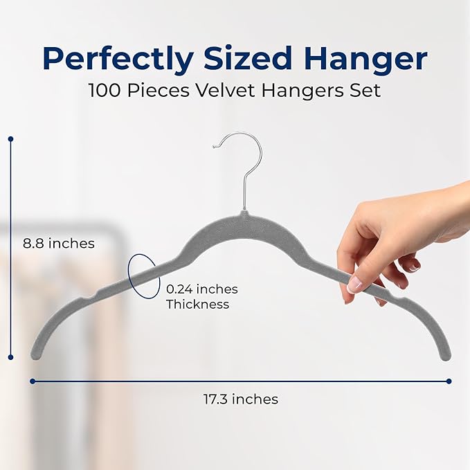 SereneLife 100 Pack Shirt Hangers, Heavy Duty Non-Slip Velvet Hangers with 360° Swivel Hooks, Slim Space-Saving Design for Tops, Jackets, Blouses, & Strappy Dresses (Gray)