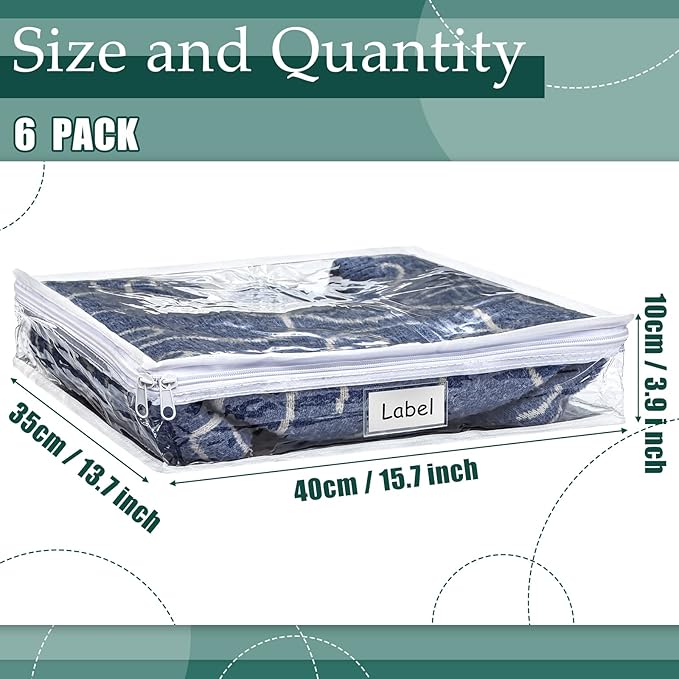 Hoolerry 6 Pieces Sweater Storage Bags Plastic Clear PVC Clothes Storage Bags with Zipper and Label for Blankets Clothes Closet Quilt Pillow Bed Sheet Organizer(15.7 x 13.7 x 3.9 Inch)