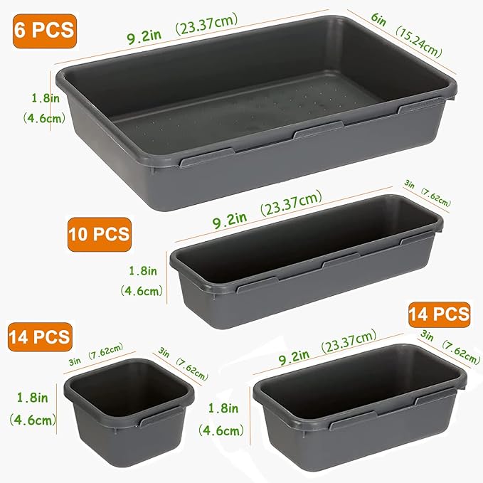44 PCS Interlocking Drawer Organizer Set,4-Size Plastic Versatile Bathroom and Desk Drawer Divider Organizer Trays,Multi-size Storage Bins for Office,Jewelries, Kitchen Utensils and Makeup